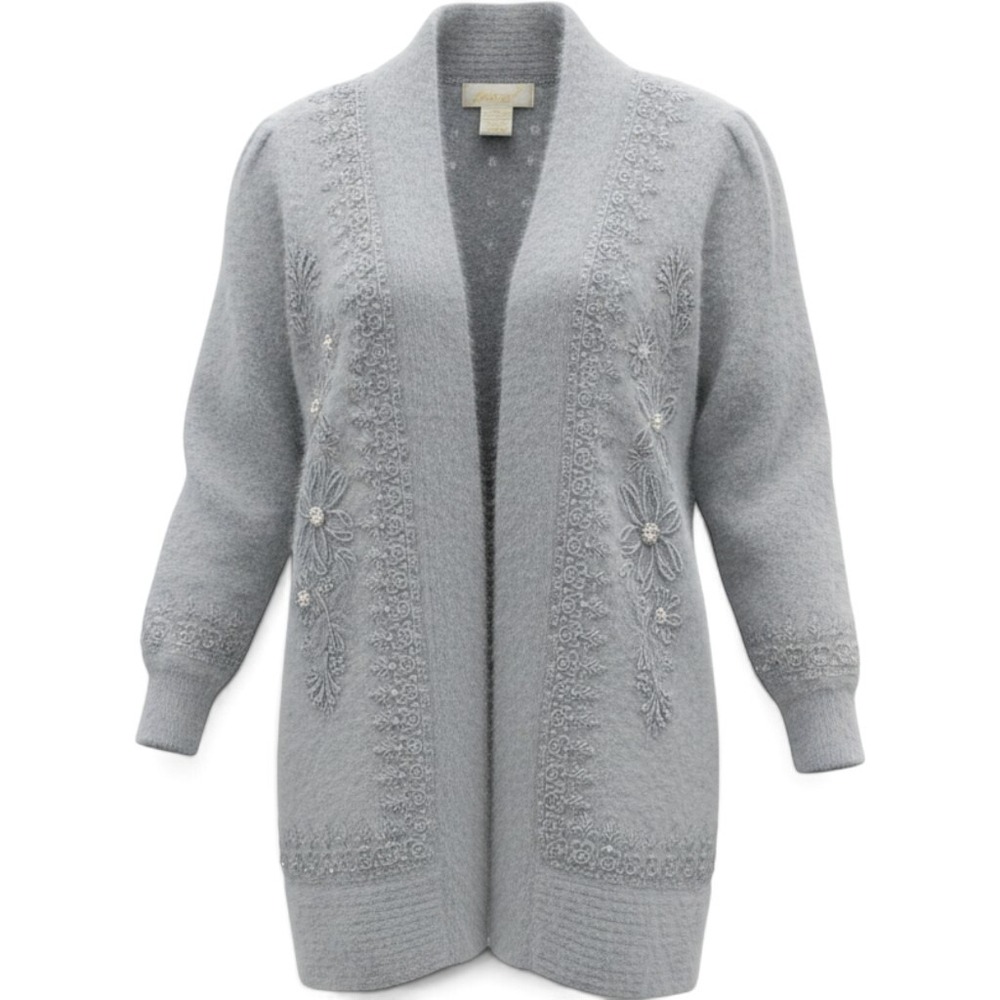 Vintage Imago Icy Blue Angora Lambswool Embroidered Pearl Cardigan Sweater Med
